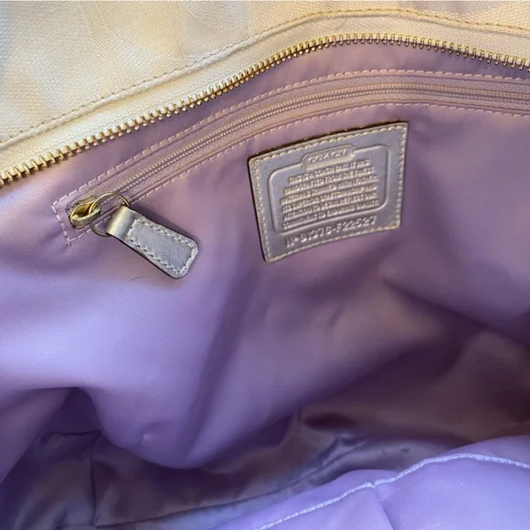 Gold Coach signature jacquard handbag purse with leather trim and double straps. - Picture 3 of 9